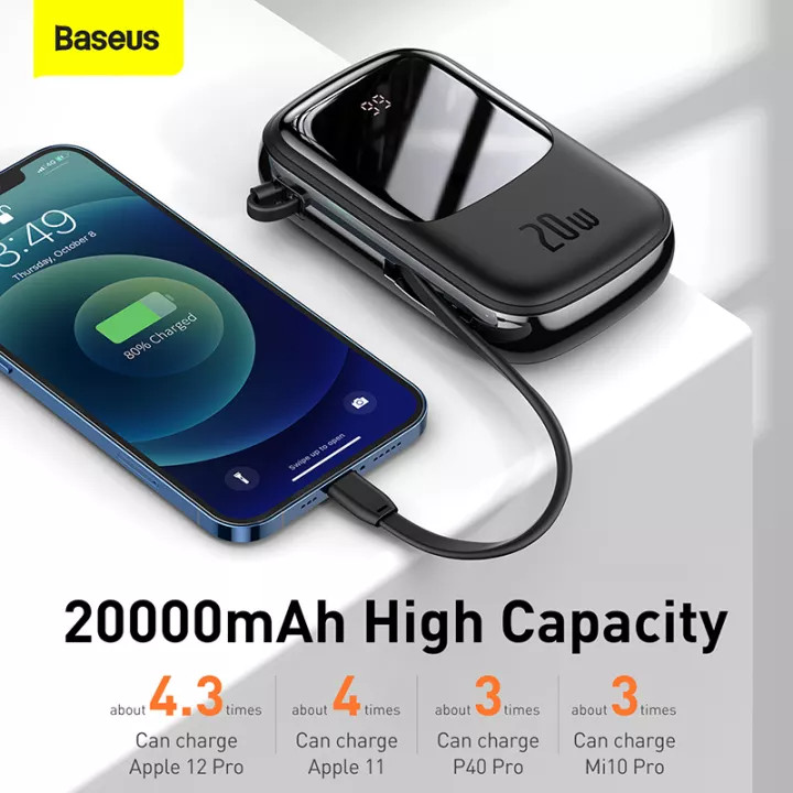 (Tặng túi đựng TOPK)Pin sạc dự phòng Baseus mini 20W - 20000mAh tích hợp cáp sạc Lightning, màn hình LED hiển thị, dùng cho iPhone, Samsung, Xiaomi,...-Hàng chính hãng