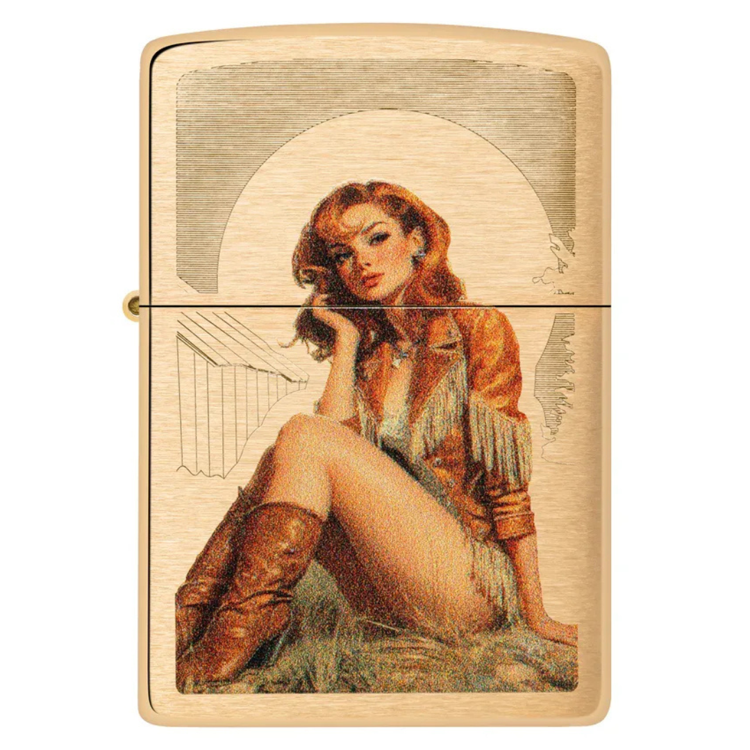 Bật Lửa Zippo Western Pinup Design Chính Hãng Mỹ - Bật Lửa Zippo Đồng Thau Mài Bóng Cổ Điển Cô Gái Cao Bồi