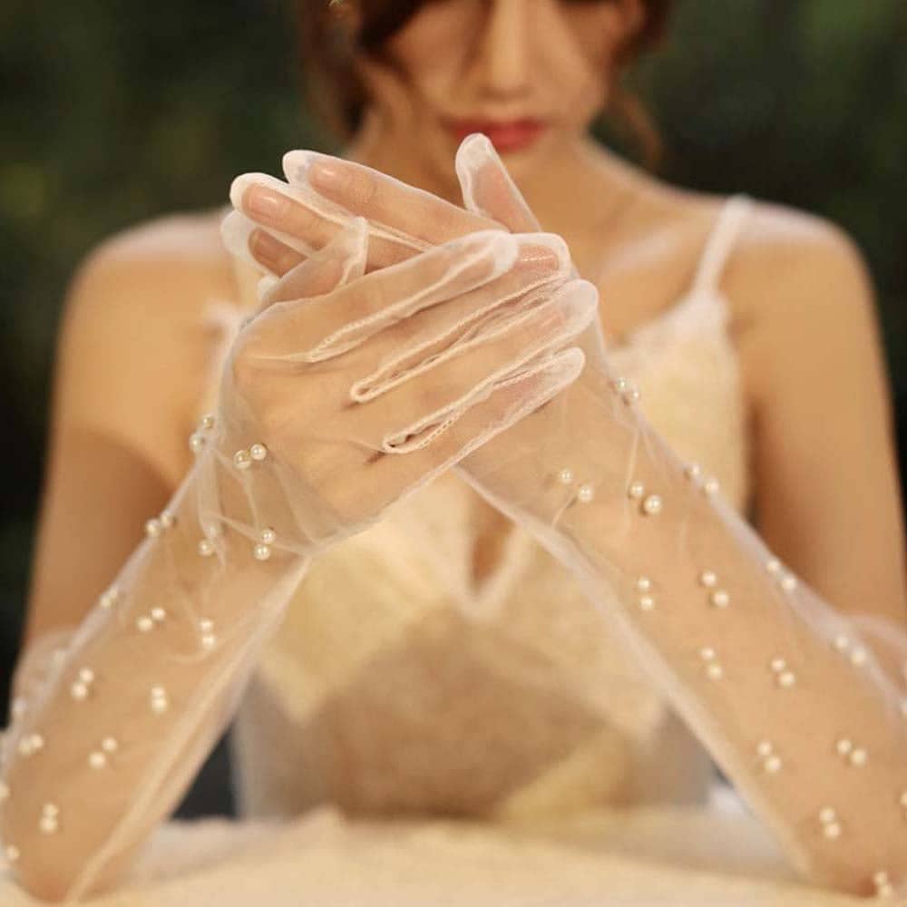 Găng tay trong suốt đính ngọc trai cho Cô dâu và Dạ hội, đi tiệc, sự kiện, lễ hội, chụp ảnh MS: 43645
