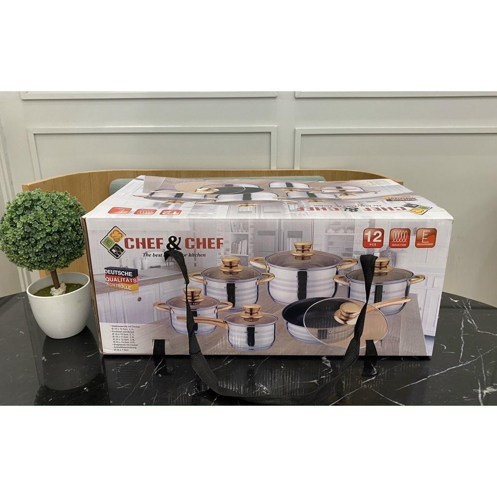 BỘ NỒI 6 MÓN 12 CHI TIẾT VUNG KÍNH CHEF&CHEF CÔNG NGHỆ ĐỨC