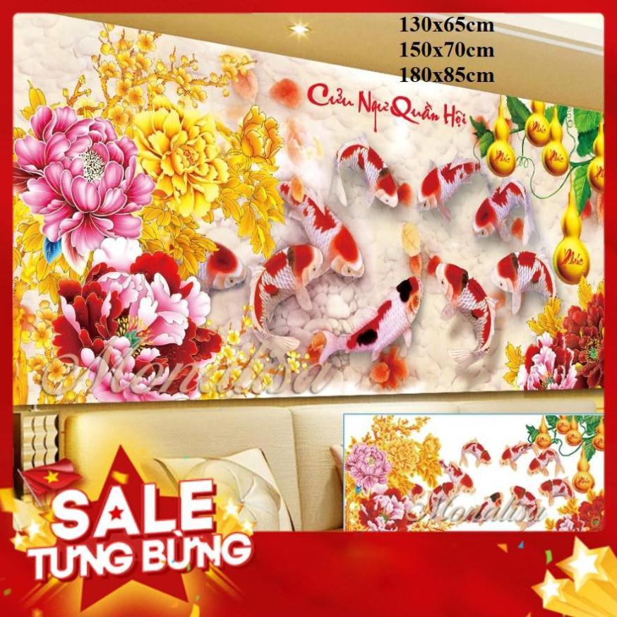 iii8268Tranh đính đá cửu ngư quần hội 150x70cm