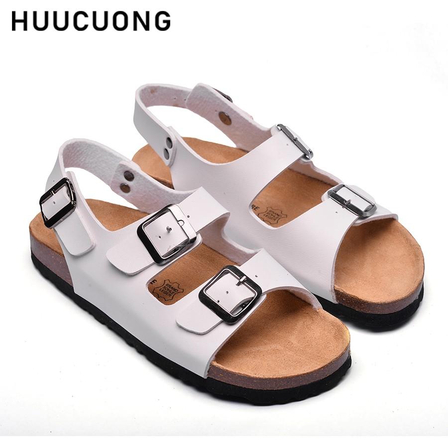 Giày Sandal nữ HuuCuong 2 khóa trắng đế trấu handmade