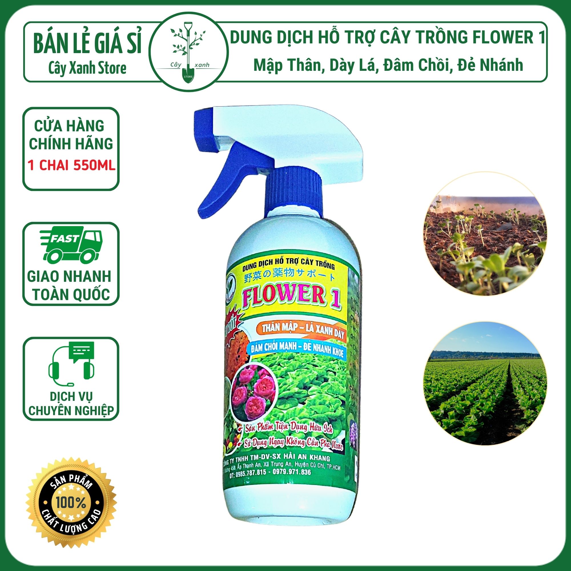 Dung dịch FLOWER 1 - Chai xịt 550ml Phun trực tiếp không cần pha - Giúp mập thân, xanh lá, đâm chồi - Cây Xanh Store