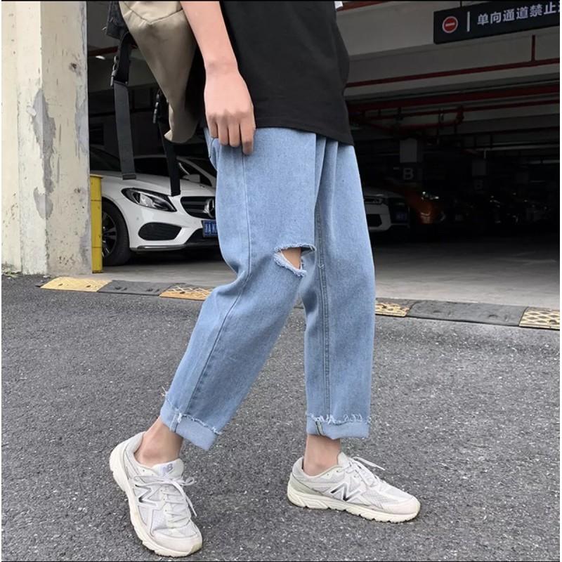 Quần Jean Baggy nam đen+ xanh sky rách gấu+ gối style hàn quốc 2021