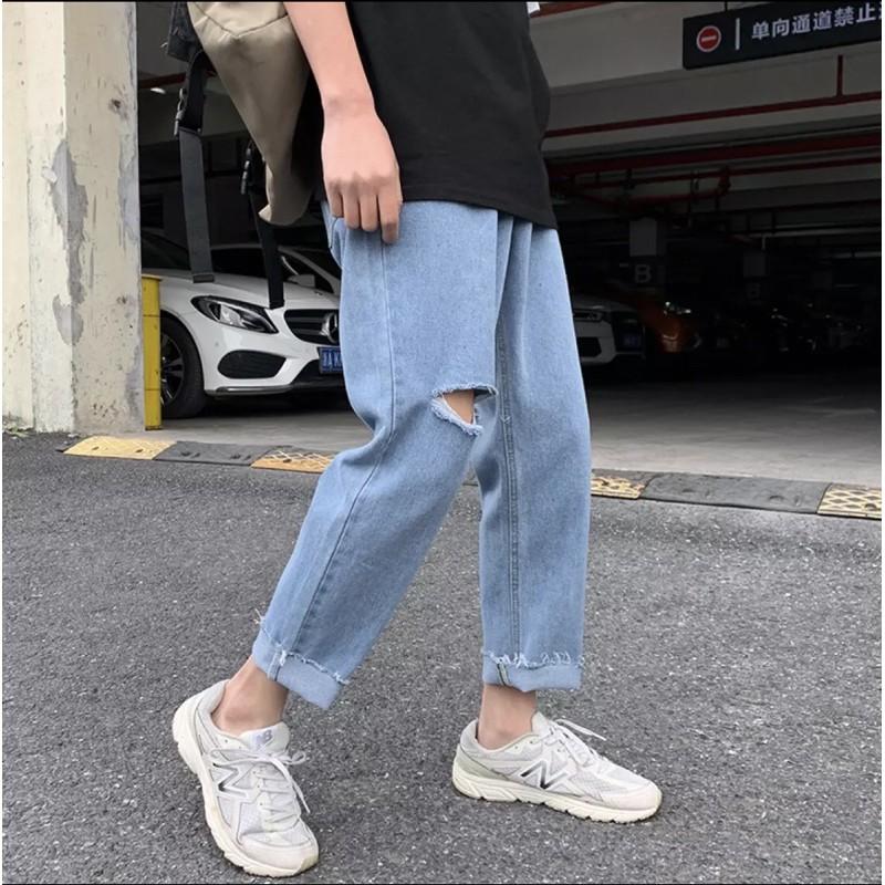 Quần Jean Baggy nam đen+ xanh sky rách gấu+ rách gối style hàn quốc 2021