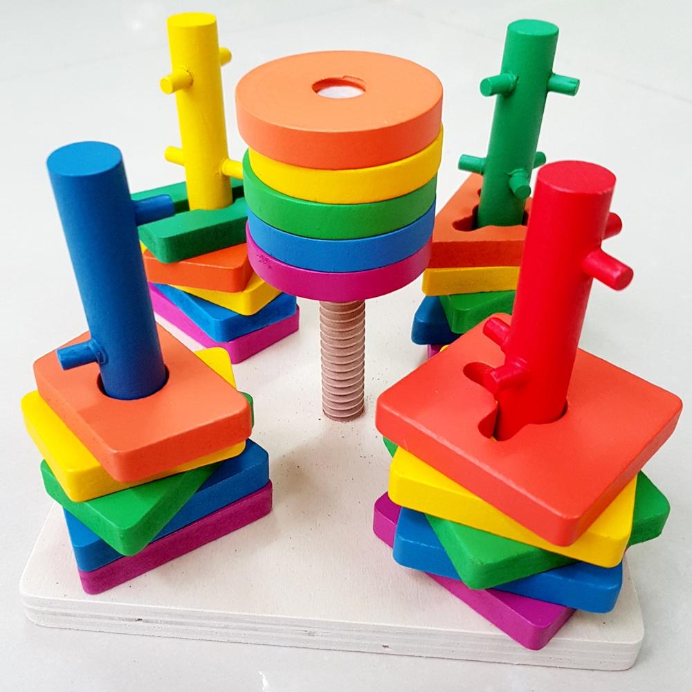 Đồ chơi thả 5 hình khối bằng gỗ nhiều màu cho bé 2 tuổi phát triển vận động và tư duy thông minh - Giáo cụ Montessori
