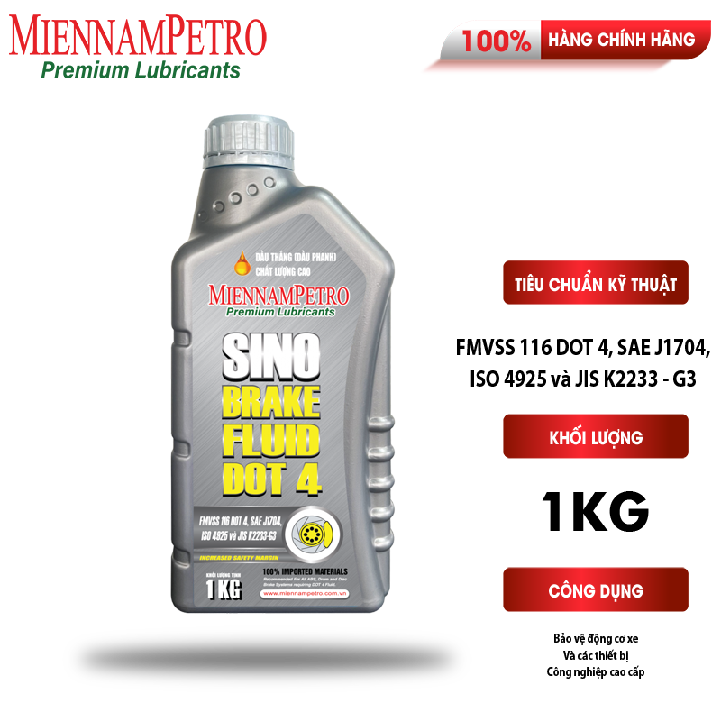 Dầu Thắng Phanh MiennamPetro Sino Brake Fluid Dot 4 1Kg Chống Gỉ Và Mài Mòn Chất Lượng Cao Đạt ISO 4925 Phú Hợp Xe Ô Tô