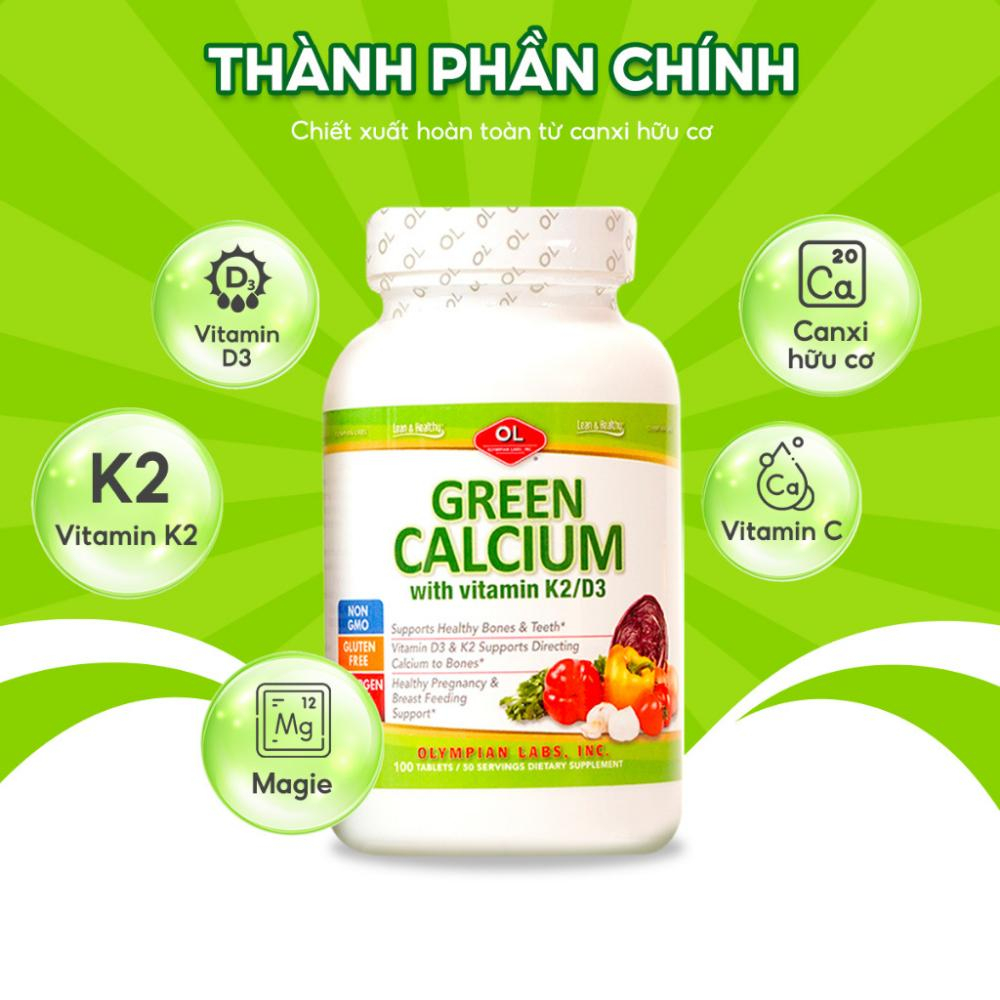 Viên Uống Olympian Labs Green Calcium Bổ Sung Canxi Hữu Cơ Cho Bà Bầu, Trẻ Em, Người Lớn - Hộp 100 Viên