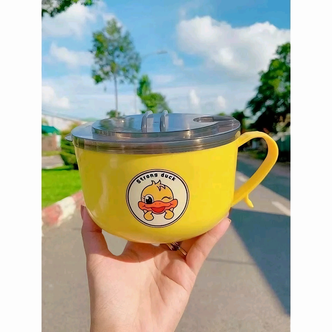 Bát úp mì KG82 vịt vàng dùng nấu cháo mì có nắp kín giữ nhiệt lâu và để kẹp điện thoại ruột lõi inox dung tích 1000ml - Hàng chính hãng