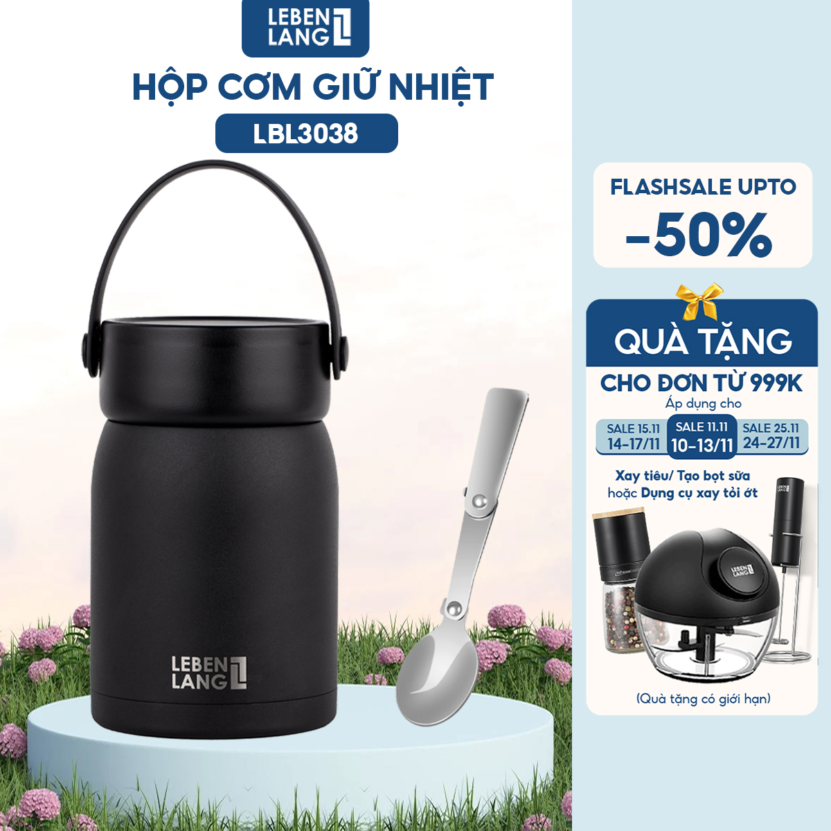 Hộp cơm giữ nhiệt Lebenlang LBL3038, dung tích 700ml, chất liệu inox 304, kèm muỗng - hàng chính hãng