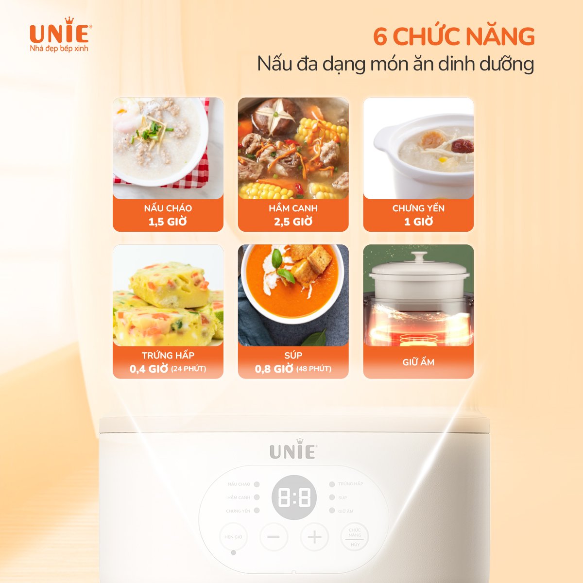 Nồi Chưng Yến, Nồi Ninh Hấp, Nồi Cách Thủy, Nồi Nấu Cháo Chậm UNIE USC08W Chống Trào, Chống Cháy Gồm 6 Chương Trình Nấu Cài Sẵn Dung Tích 0.8 Lít Công Suất 200 W - Hàng Chính Hãng