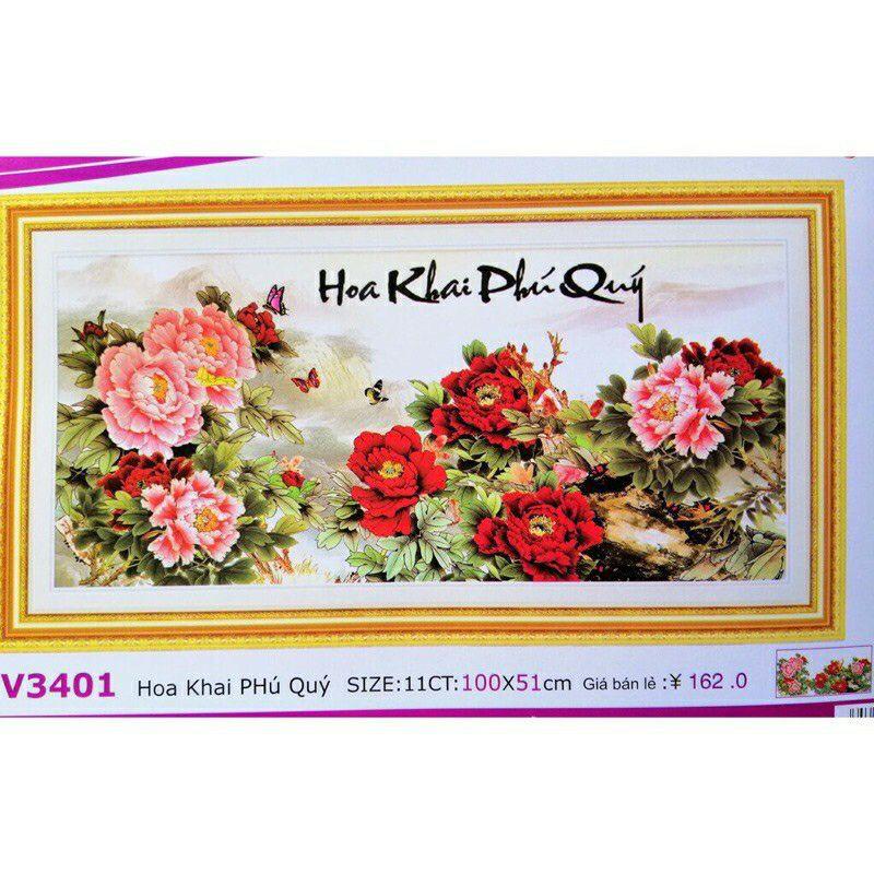 Tranh thêu chữ thập Hoa Khai phú quý 100x51cm LV3401
