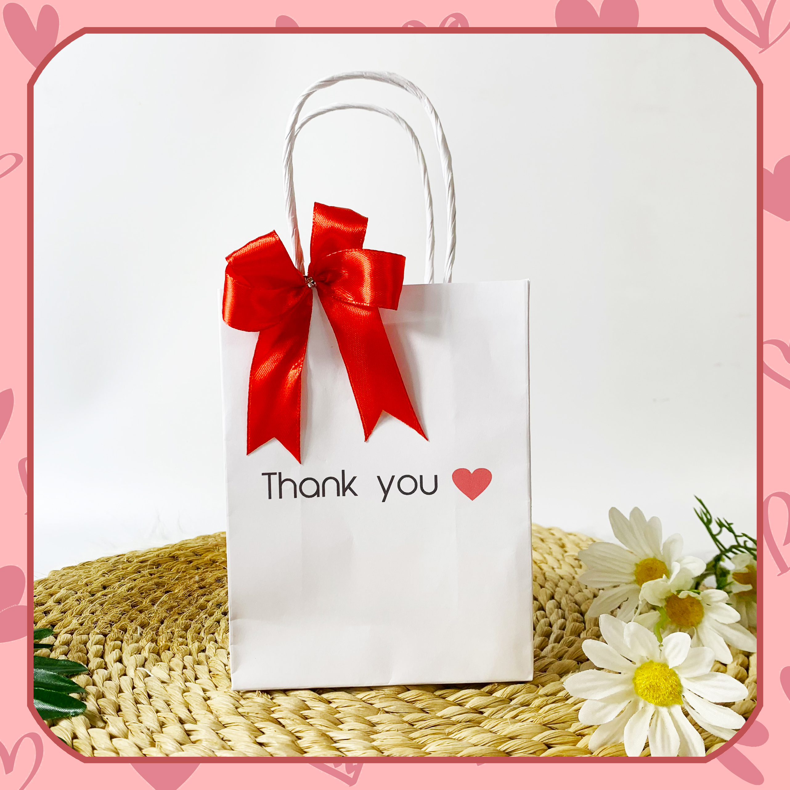 Set 10 túi giấy Thankyou tim đỏ, đựng quà tặng valentine, mỹ phẩm, phụ kiện nhiều kích thước - tặng kèm nơ đỏ