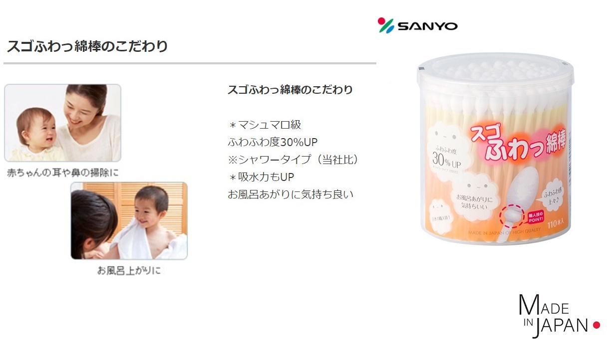 Hộp 110 tăm bông vệ sinh tai kháng khuẩn Sanyo - Made in Japan