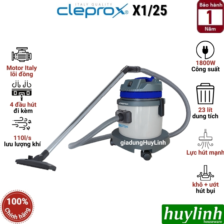 Máy hút bụi công nghiệp khô và ướt CleproX X1/25 - 23 lít [Thùng Inox - Thùng Nhựa] - Hàng chính hãng