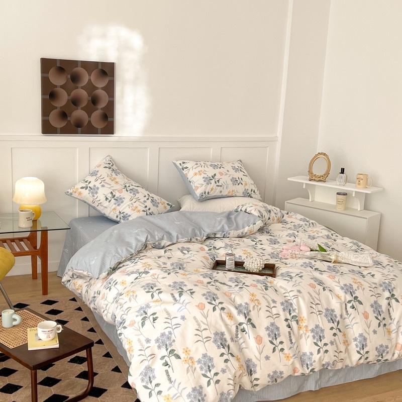 Bộ Chăn Ga Gối Côtton Living 100%cotton Hàng Nhập Khẩu Cao Cấp 4 Món Hoa Xanh