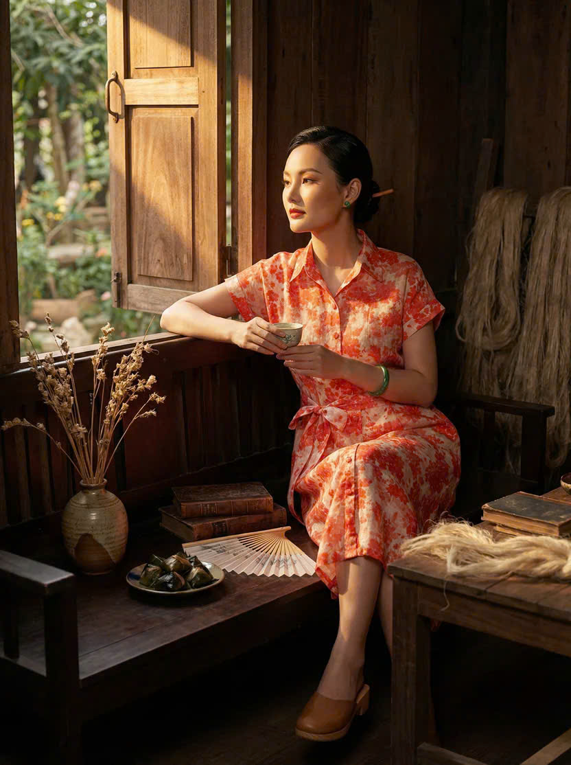 Đầm Sơ Mi Ramie Hoa Đỏ Thanh Minh Dre232 Thời trang Hity