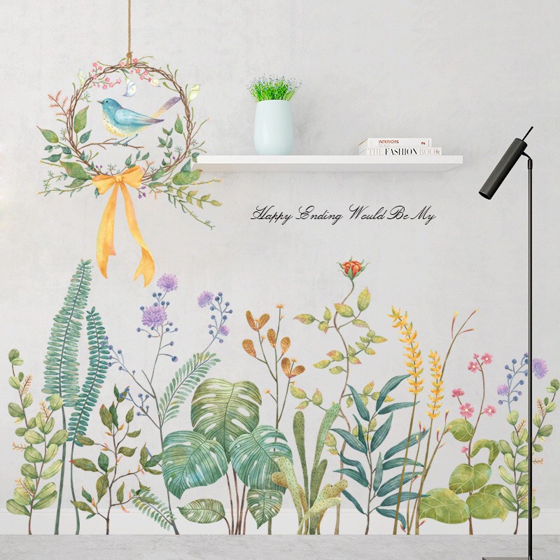 Decal trang trí tường - Vòng hoa có chú chim và những chiếc lá cây xinh xắn