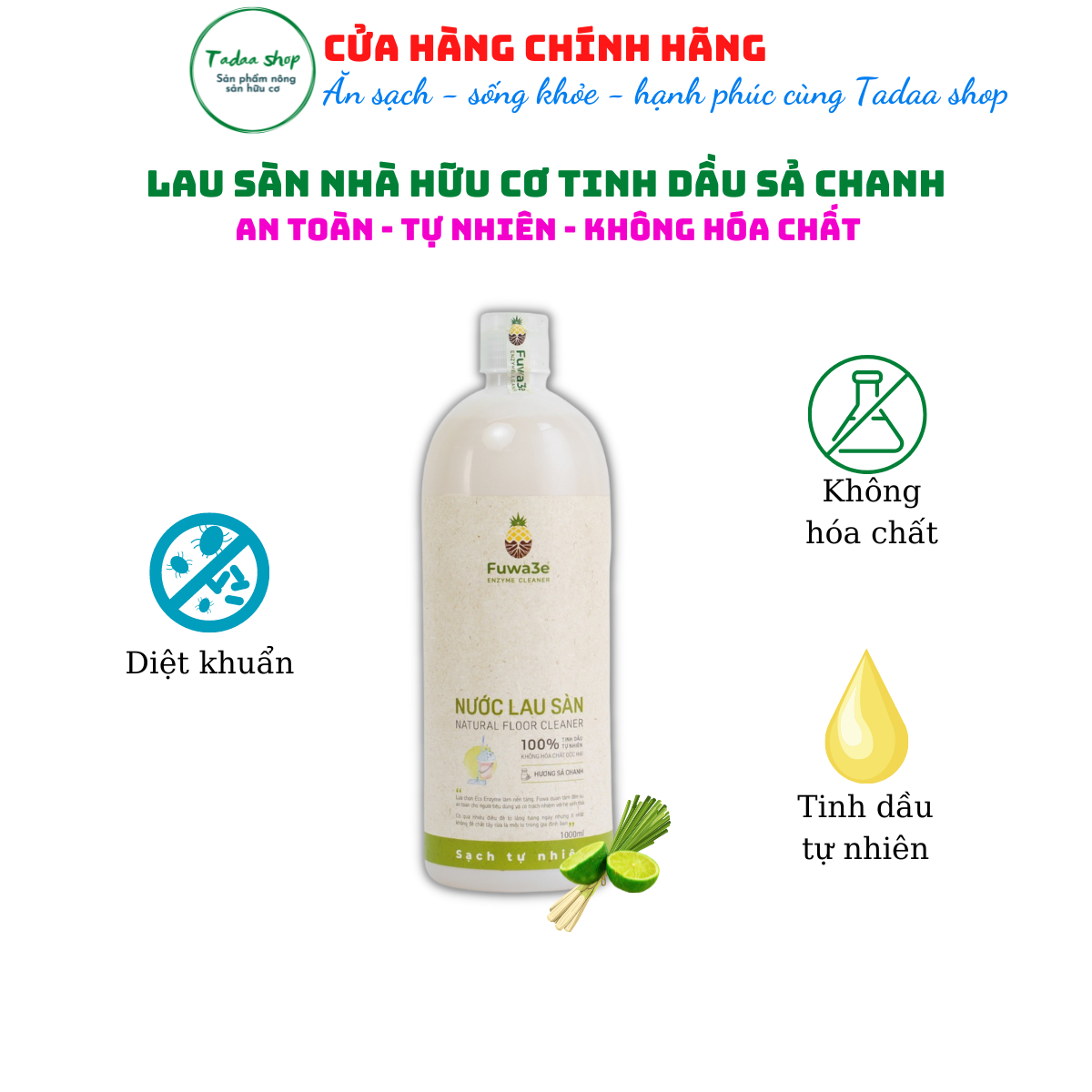 Nước lau sàn hữu cơ Fuwa3e hương sả chanh, sạch bóng thơm mát nhà cửa chai 1 Lit