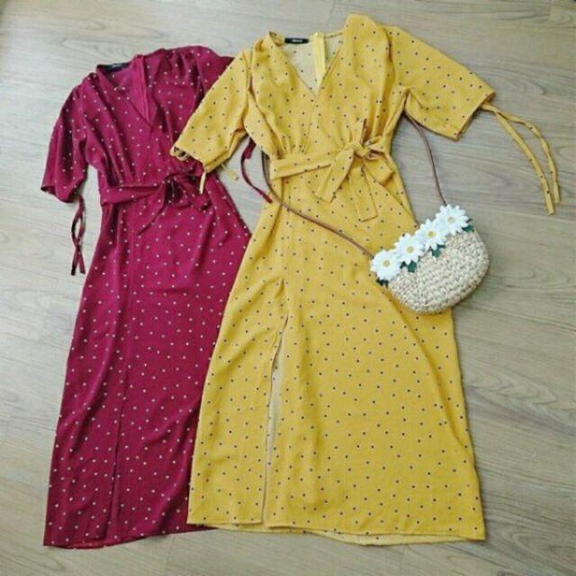 Đầm maxi bi vàng thắt nơ