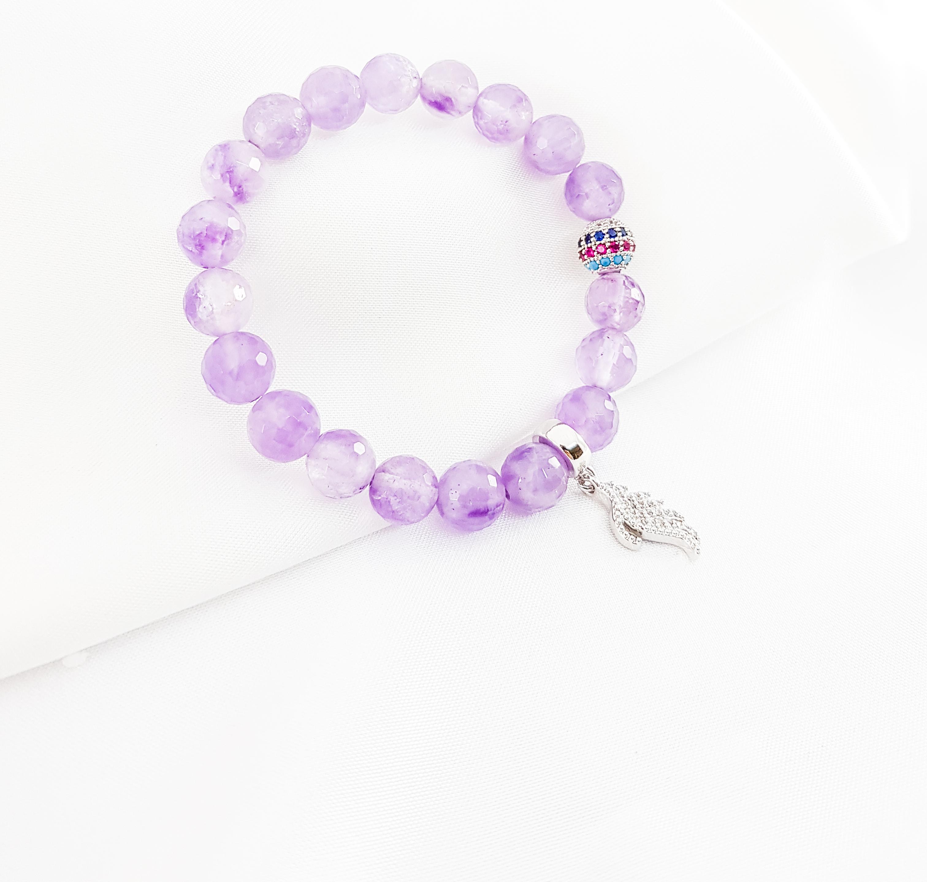 Vòng tay mệnh hỏa, thổ đá thạch anh tím mix charm cánh thiên thần