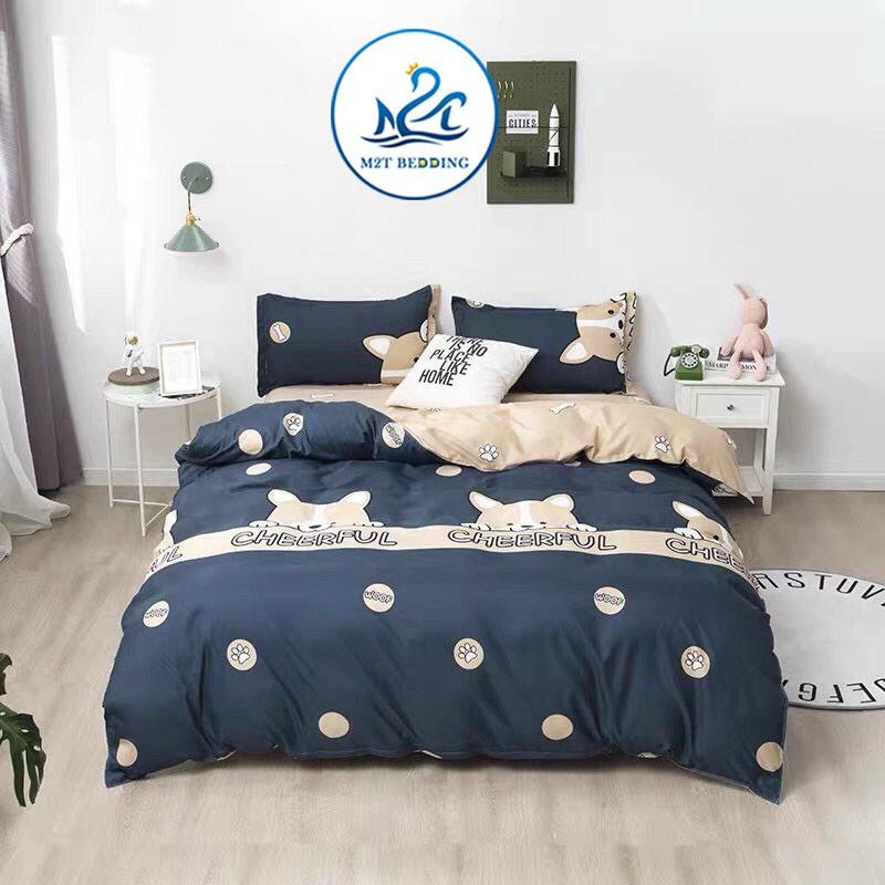 Bộ chăn ga gối Cotton poly M2T bedding Cún yêu, vỏ chăn mền, drap nệm và 2 vỏ gối