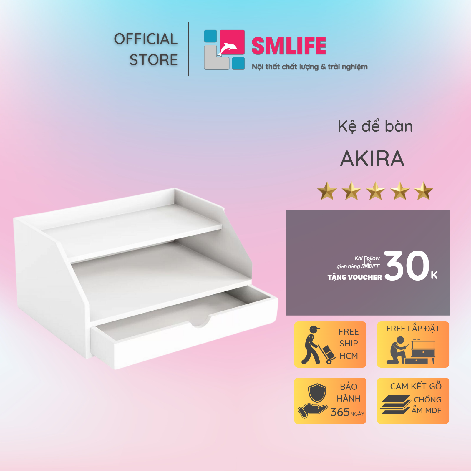 Kệ để bàn gỗ hiện đại SMLIFE Akira | Gỗ MDF dày 17mm chống ẩm | D40xR30xC25cm