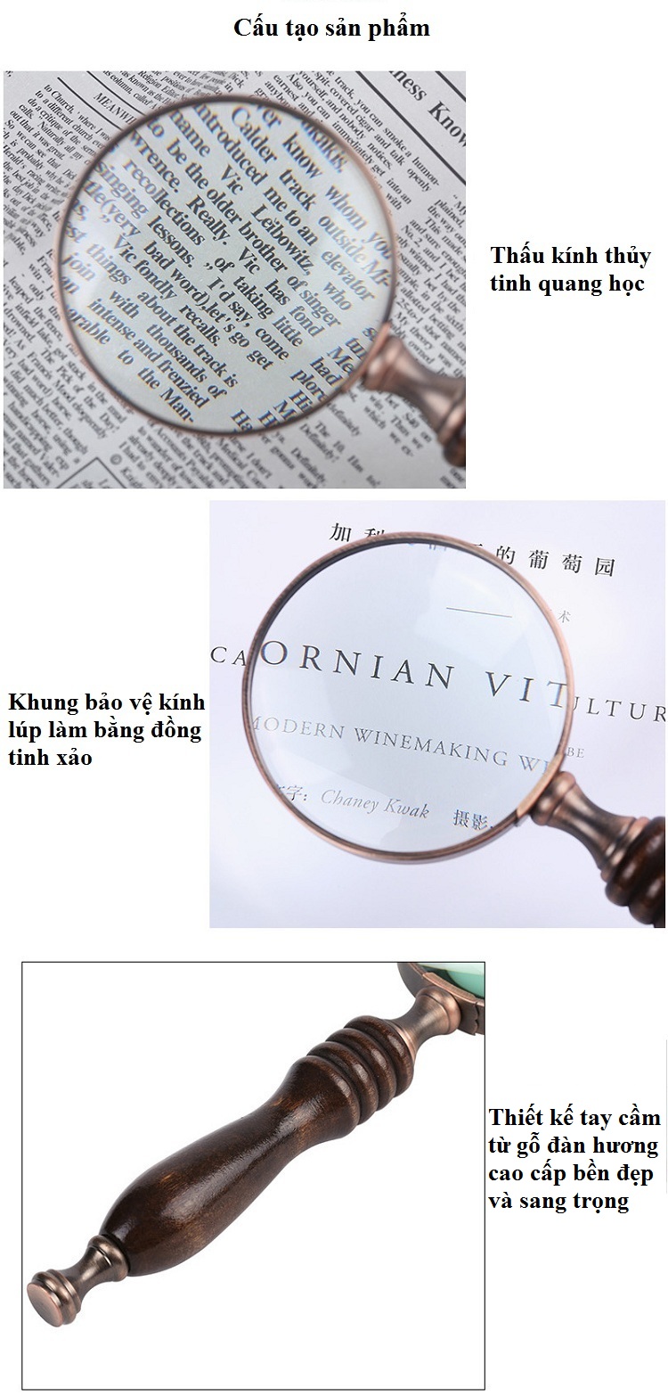 Kính lúp cầm tay 10X thiết kế tay cầm gỗ sang trọng, dùng đọc tin tức, sách báo hay sửa chữa đồ vật