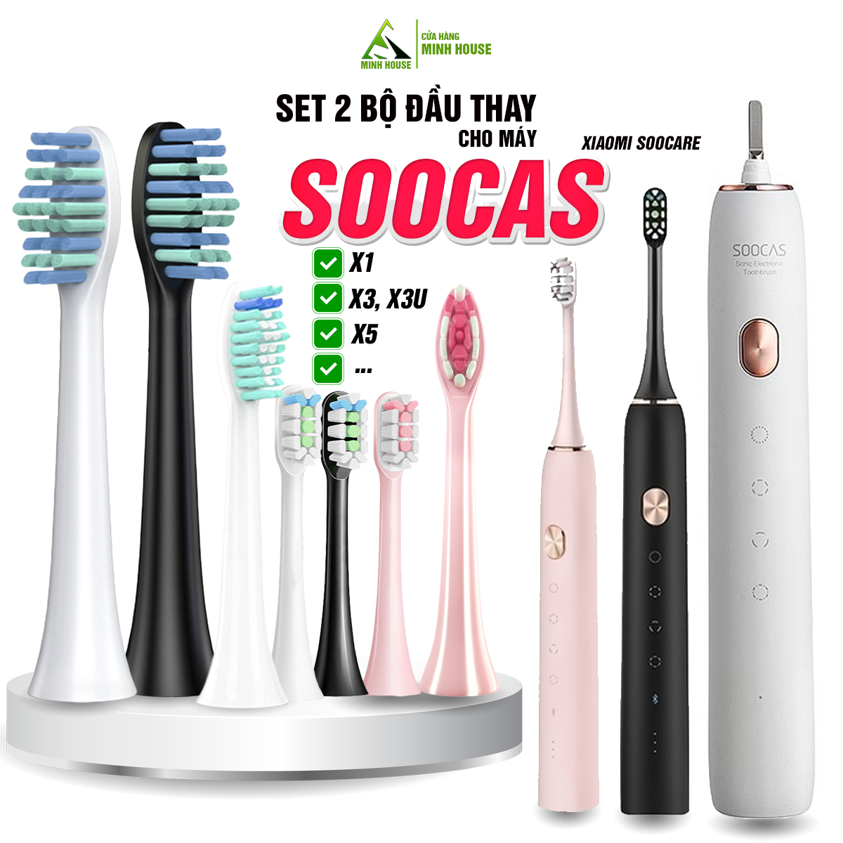 Cho máy đánh răng điện Xiaomi Soocas, Soocare Set bộ 2 đầu bàn chải thay thế x1 x3 x3u x5 Minh House