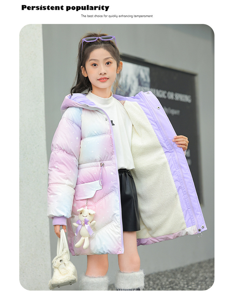 Áo khoác phao dáng dài bé gái lót lông size đại 7-14 tuổi thêu chữ kèm thỏ kiểu dáng thời trang