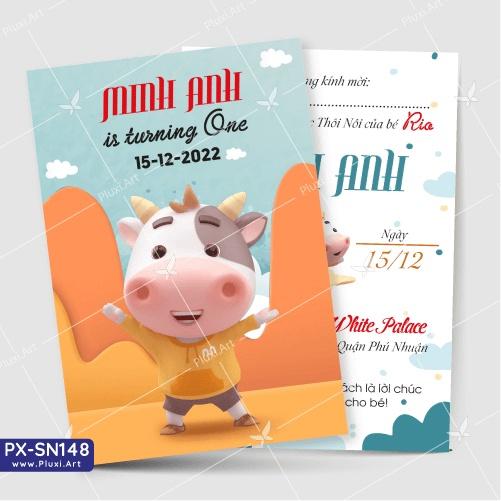 Thiệp thôi nôi – sinh nhật Pluxi bé Trai tuổi Sửu - Trâu - PX_SN148
