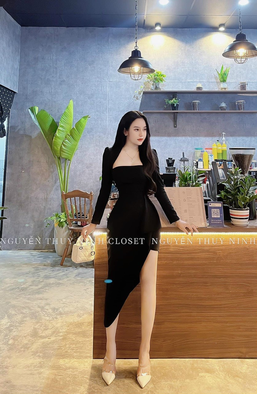 ĐẦM CỔ TÂY TAY DÀI BÈO LAI 2 MÀU Y HÌNH