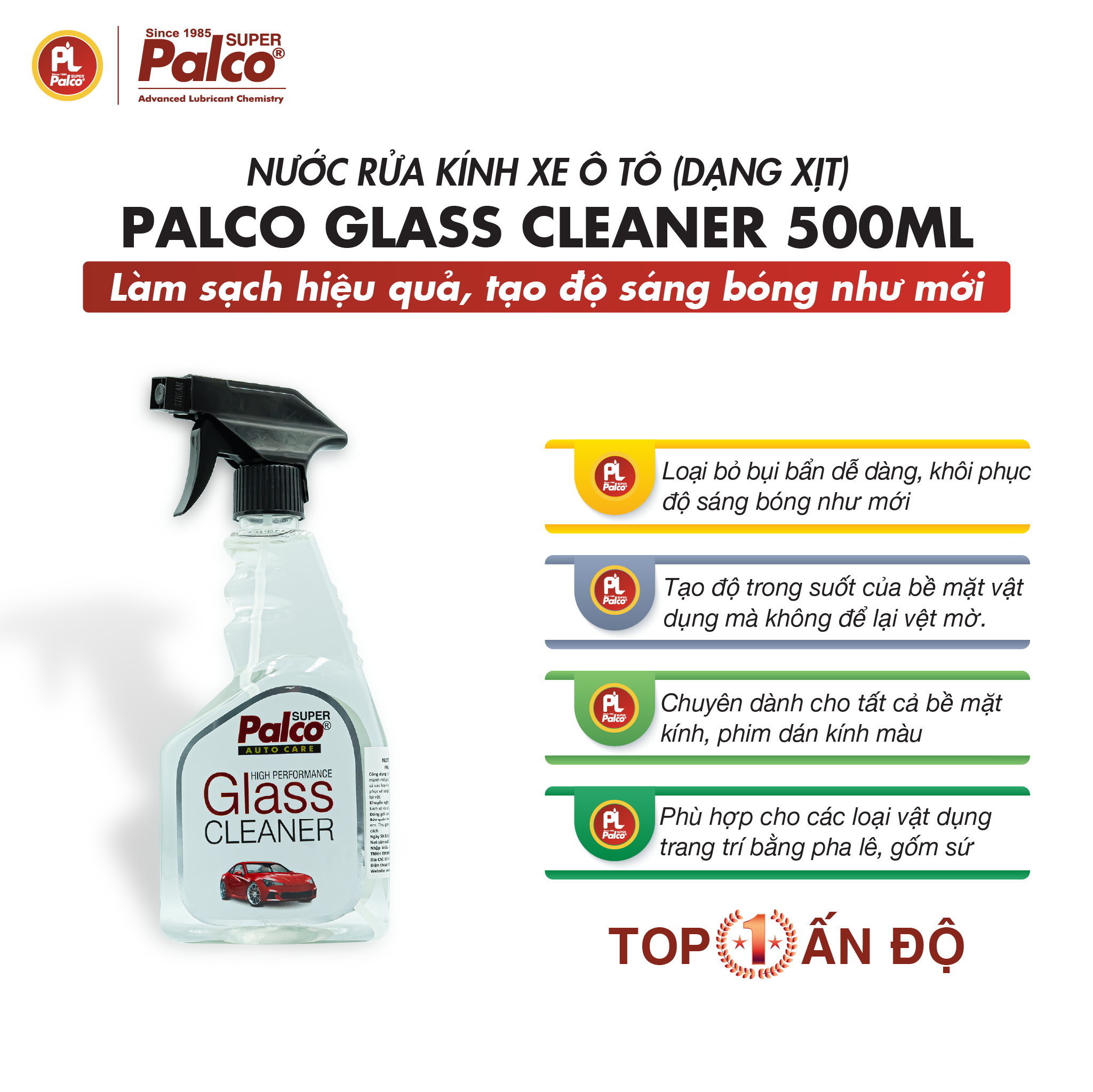 Nước rửa kính ô tô siêu sạch PALCO Glass Cleaner - Chai xịt rửa kính xe hơi 500ml đa năng nhập khẩu Ấn Độ