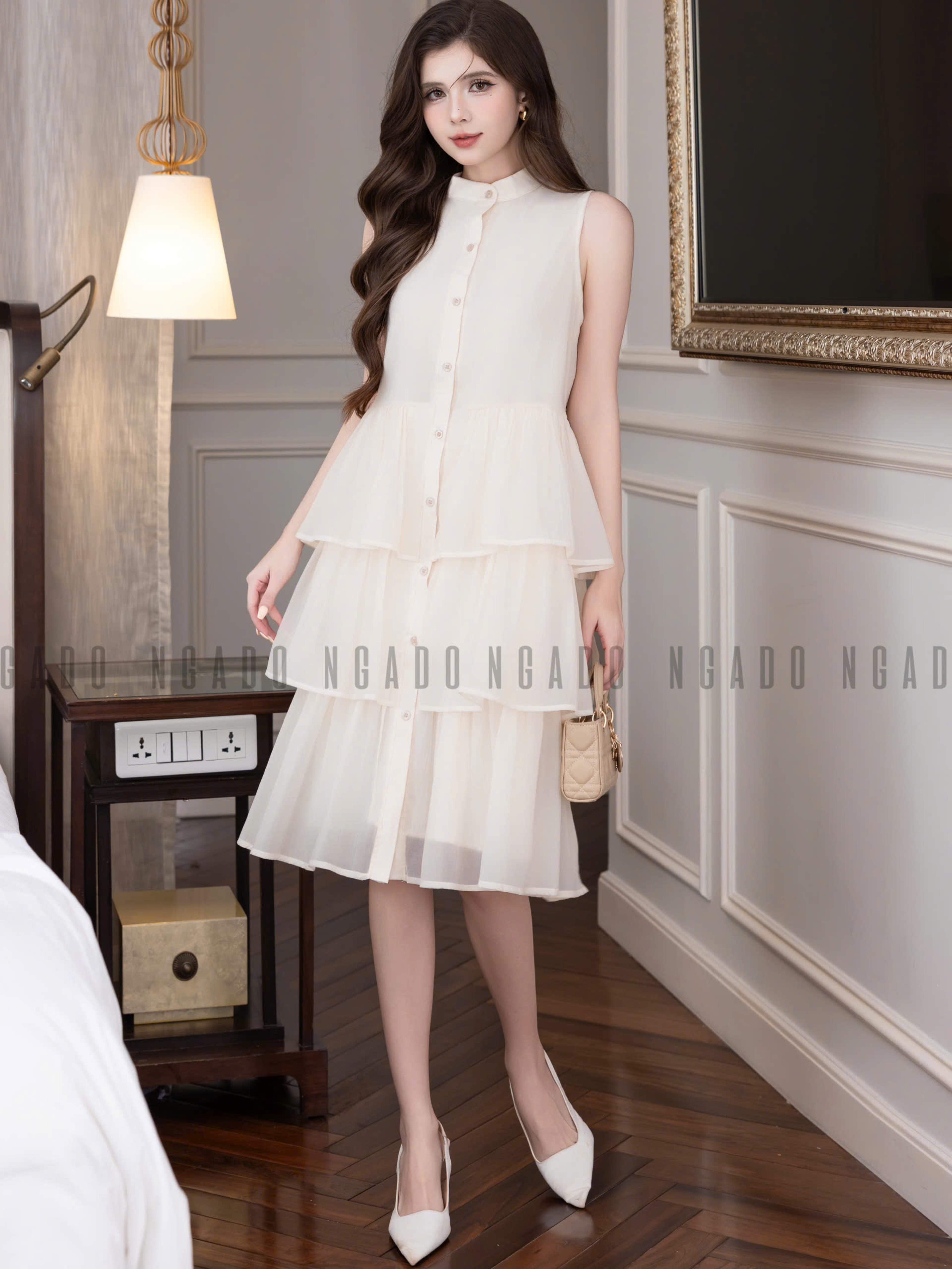 Đầm babydoll kem vàng cổ trụ NGADO , đầm babydoll , đầm Nữ