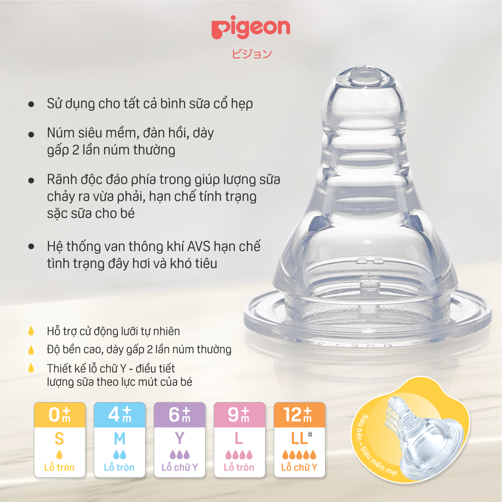 Núm ty cổ hẹp Pigeon silicon siêu mềm (LL) - 2 cái/vỉ