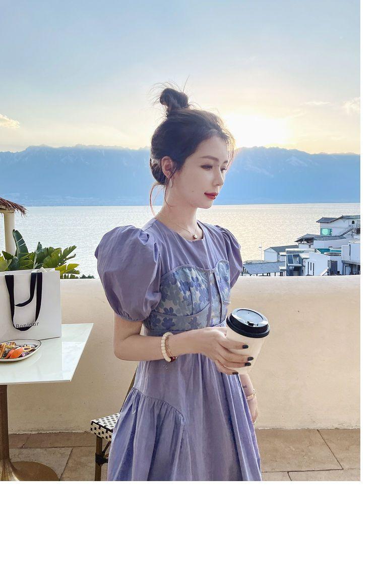 CHENGRUI Thời trang nối giả hai bong bóng tay áo khí chất ngắn tay áo đầm phụ nữ 2022 mùa hè thiết kế cảm giác váy dài trung bình