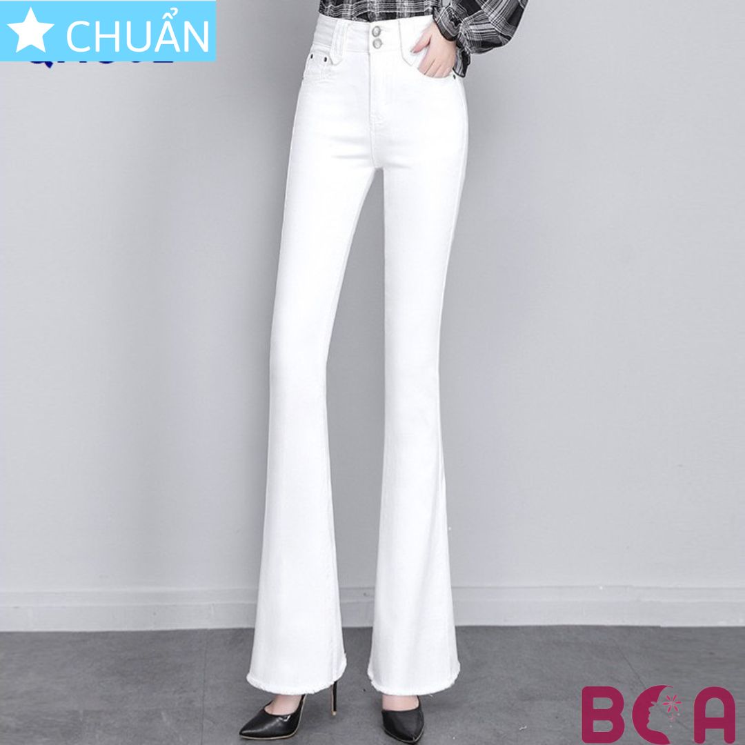 Quần jean nữ ống loe QRO92 ROSATA tại BCASHOP dáng dài thêu hoa, lưng cao 2 nút, phom chuẩn, chất liệu jean - TRẮNG