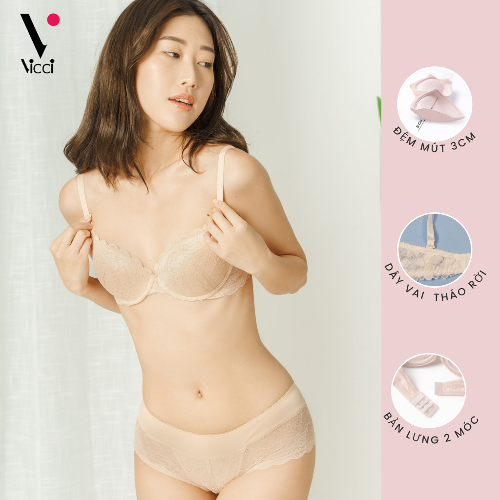 [BST mới] Áo lót ren nữ nâng ngực đệm mút dày 3cm Vicci AV.02 cúp xéo có gọng siêu nâng ngực, dây vai có thể tháo rời, chất liệu ren dệt mềm mịn, họa tiết hoa tinh tế