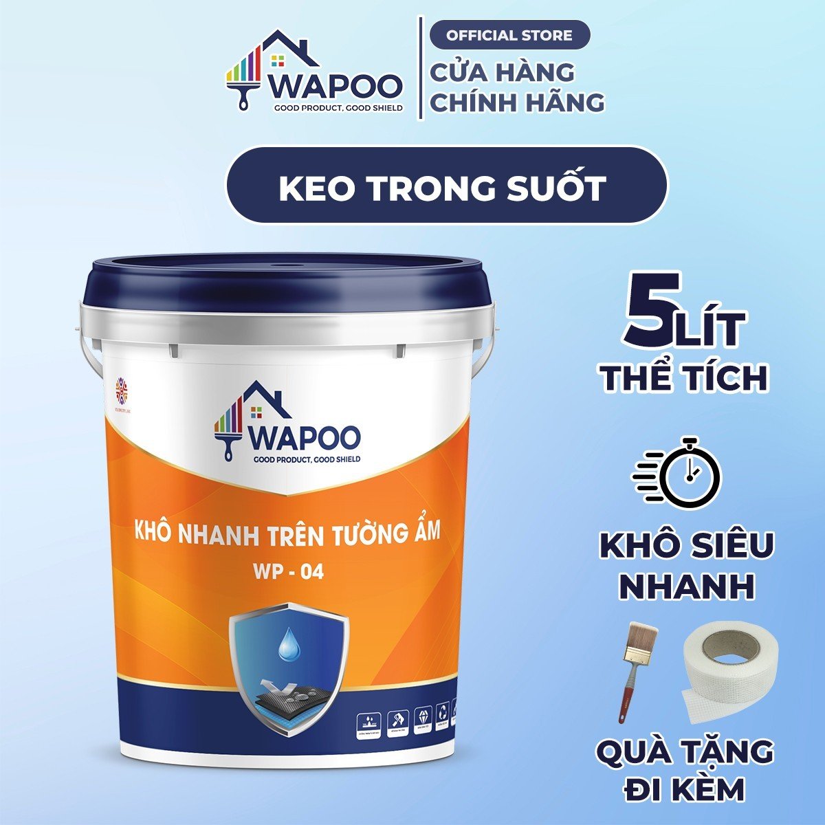 Sơn Chống Thấm Đa Năng Wapoo WP-CT04, Dung tích 5L - Chống Thấm Trên Nền Ẩm, Sân Thượng, Sàn Mái, Nhà Vệ Sinh