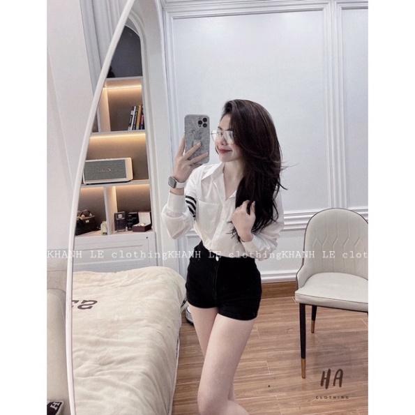 Áo sơ mi nữ trắng dáng công sở viền sọc tay