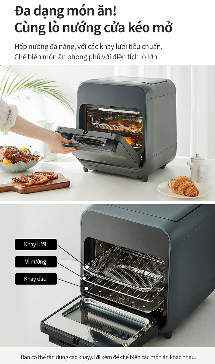 Lò nướng chân không kết hợp chức năng hấp Lock&amp;Lock EJF693GRY Steam Air Fryer Oven (12.5 Lít) - Hàng chính hãng