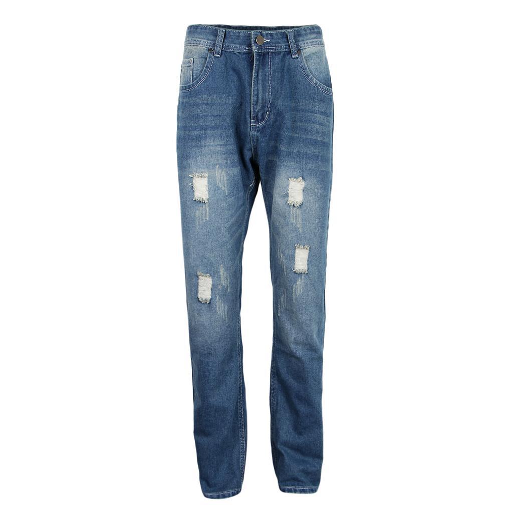 Ripped Straight Vintage Denim Skinny Stretch Jeans with 5 Pockets for Men Women