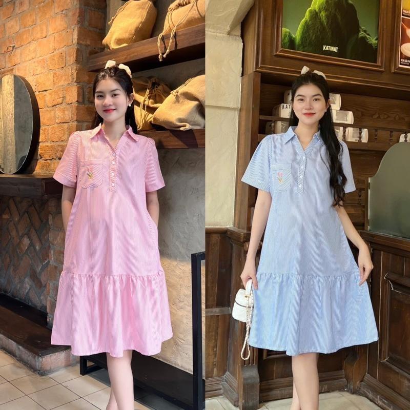 Đầm Bầu Công Sở Cổ Sơ Mi Phối Túi Thêu Phom Đuôi Cá Dễ Thương - Xanh sọc