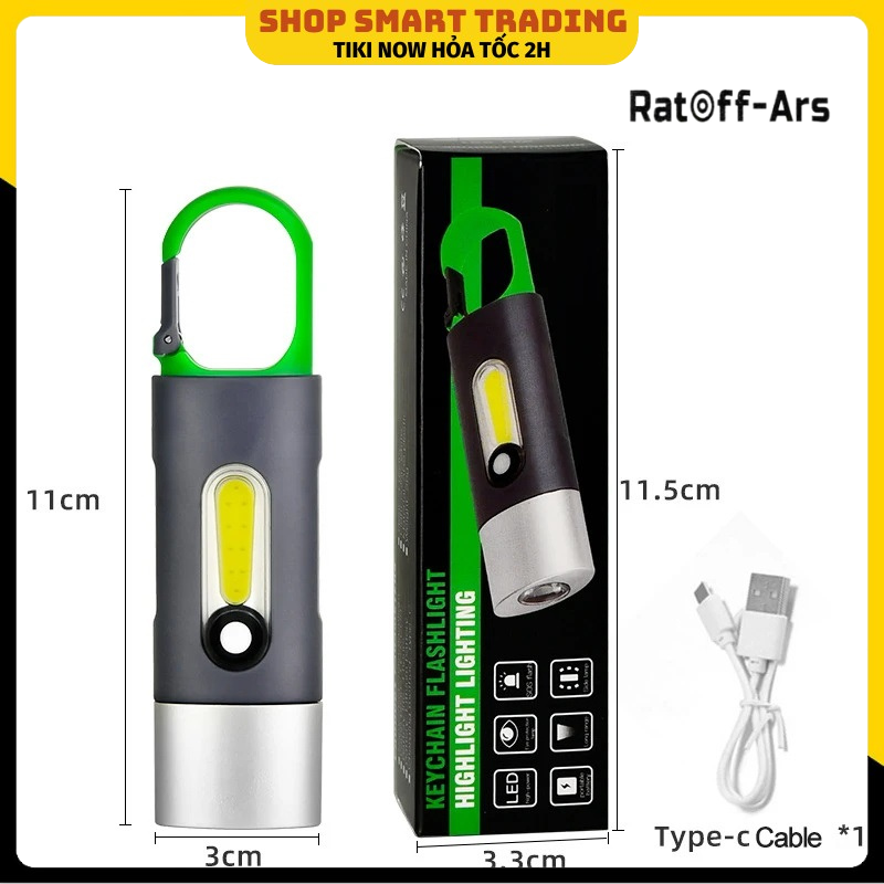 Đèn pin siêu sáng mini móc khóa 2in1, 4 chế độ sáng cắm trại dã ngoại