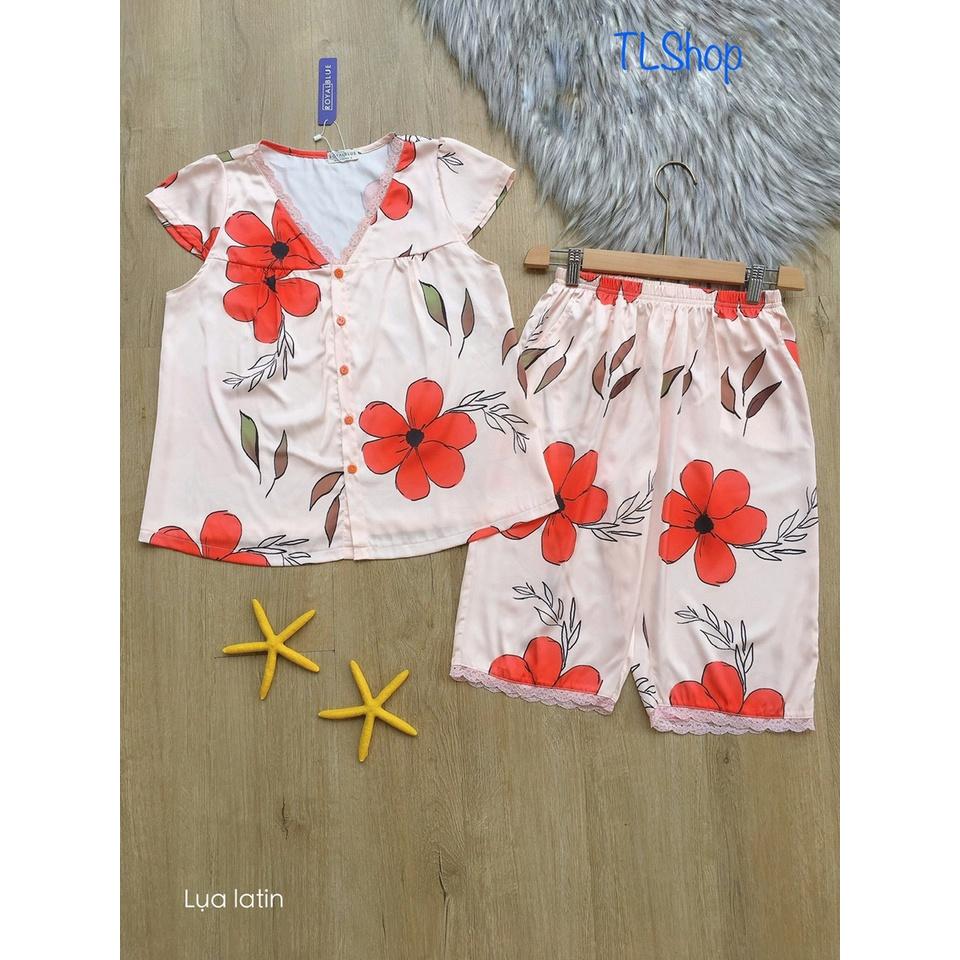 Đồ Bộ Mặc Nhà Lửng Nữ Cổ Tim Ren Xinh Xắn Chất Lụa Latin Mềm Mại In Họa Tiết Hoa Dễ Thương