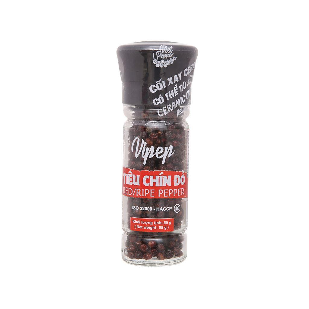 Tiêu chín đỏ Vipep 55g nắp cối xay tiện lợi, nổi tiếng độ cay thơm đặc biệt, hũ thuỷ tinh đẹp mắt