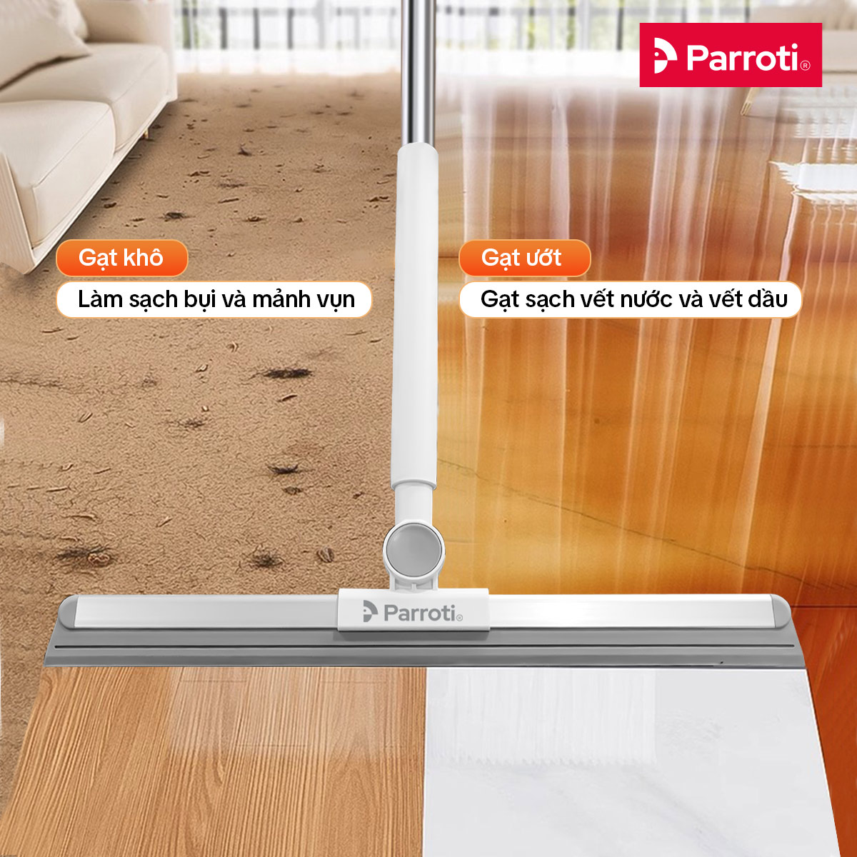 Cây Gạt Nước Sàn Nhà Tắm, Đầu Silicon Xoay 180 độ, Cán Inox, Tăng Giảm Chiều Dài Parroti Flat FT01