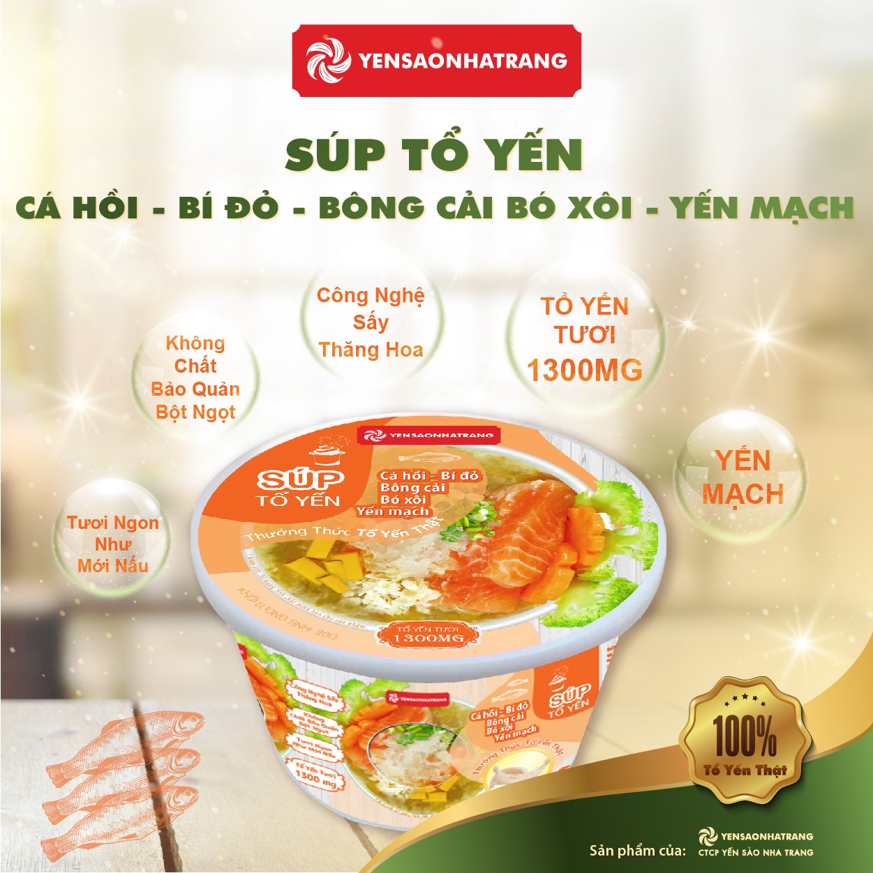 Súp Tổ Yến - Cá hồi, Bí đỏ, Bông cải, bó xôi yến mạch 20g - YẾN SÀO NHA TRANG