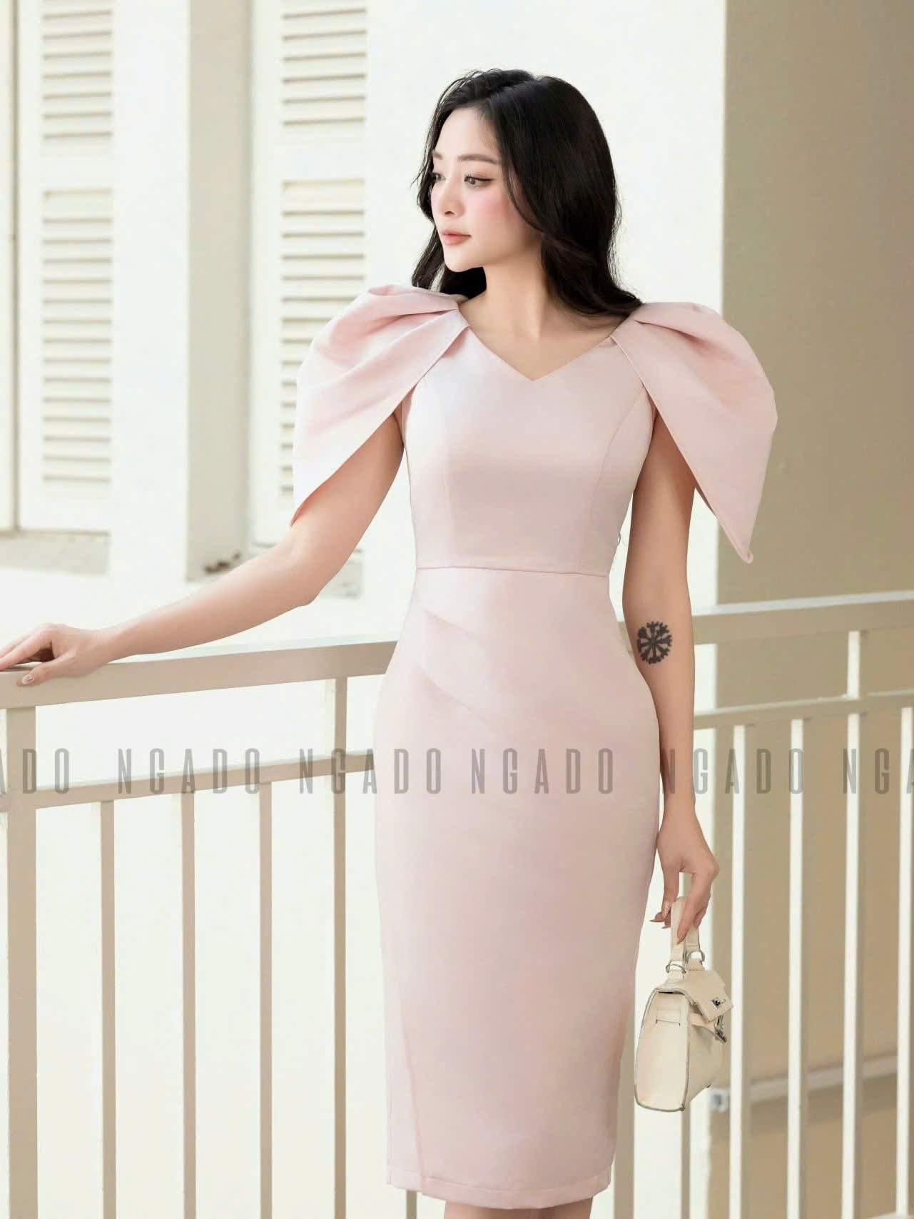 Đầm hồng tay xếp ly NGADO , đầm dự tiệc , đầm thiết kế