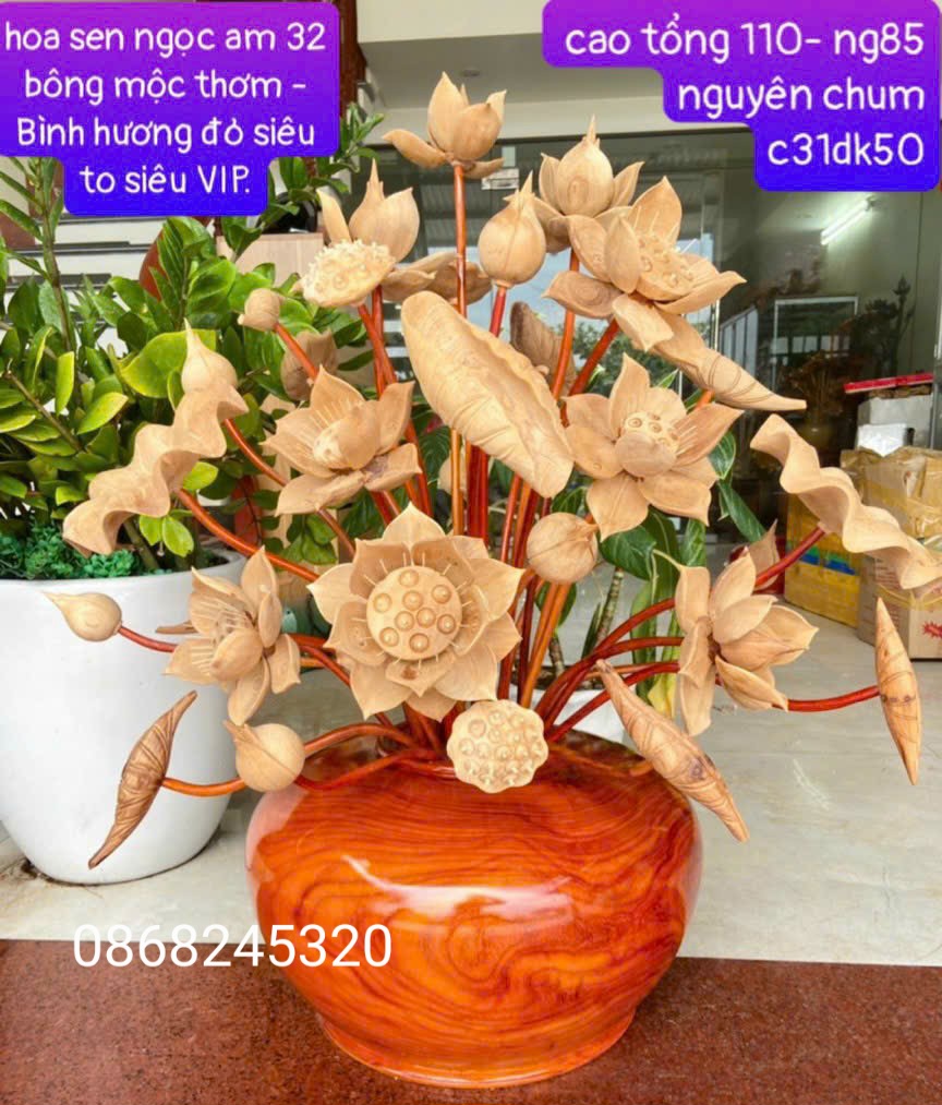 1 bình hoa sen phong thủy 32 cành ,bình cành gỗ hương , hoa lá ngọc am thơm nức kt cao 110×85cm 